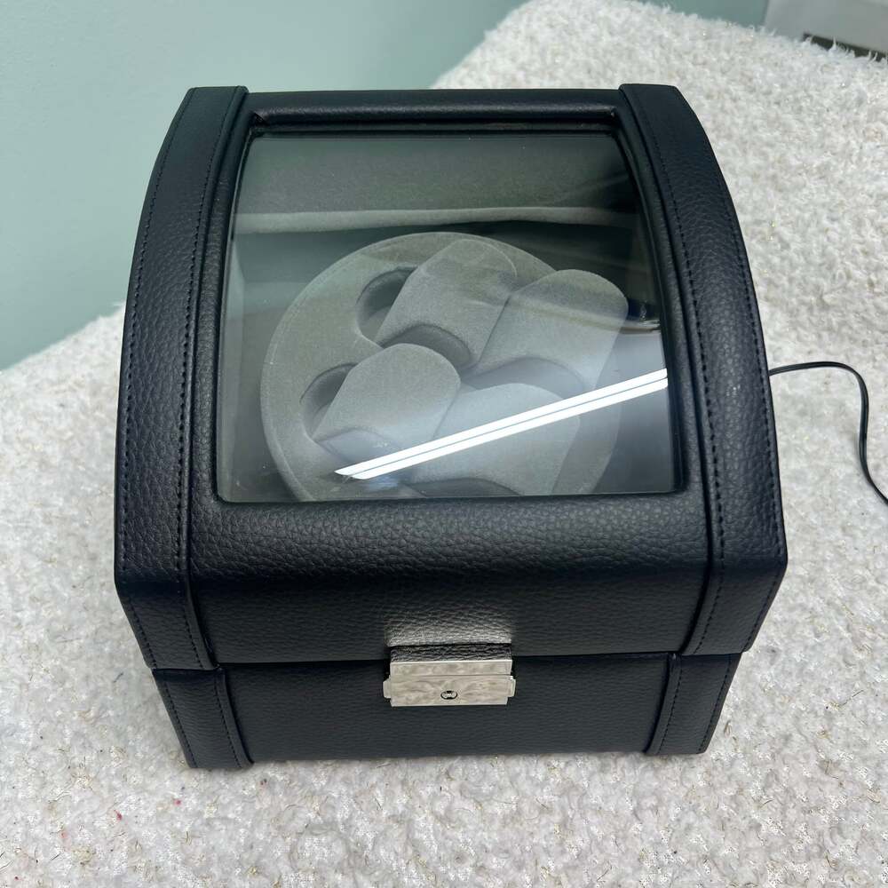 Bey-Berk Men's Black Wood Leather Glass Jewelry Case Double Watch Winder Box